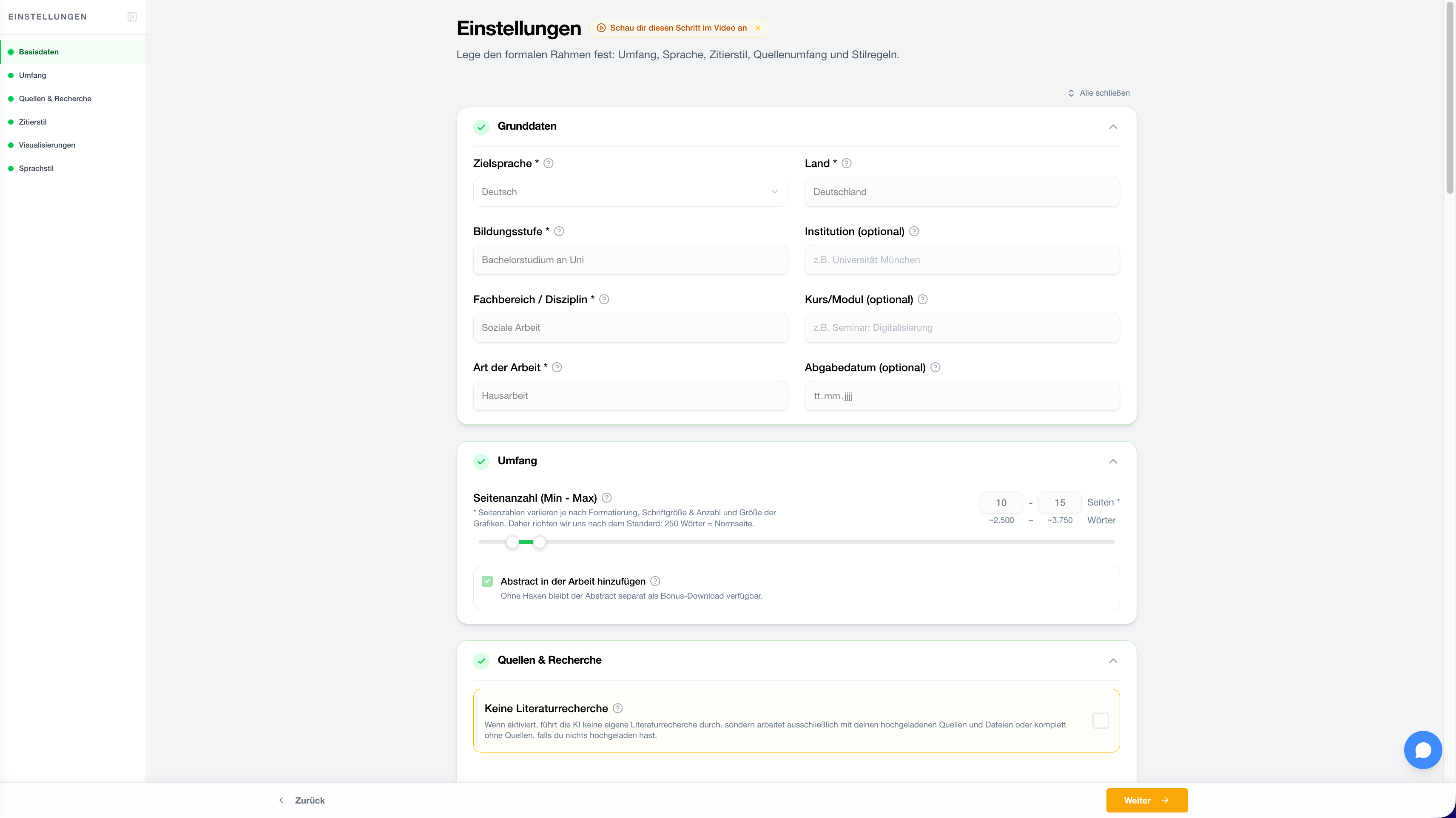StudyTexter Einstellungen für Umfang, Zitierstil, Sprache und Quellenregeln