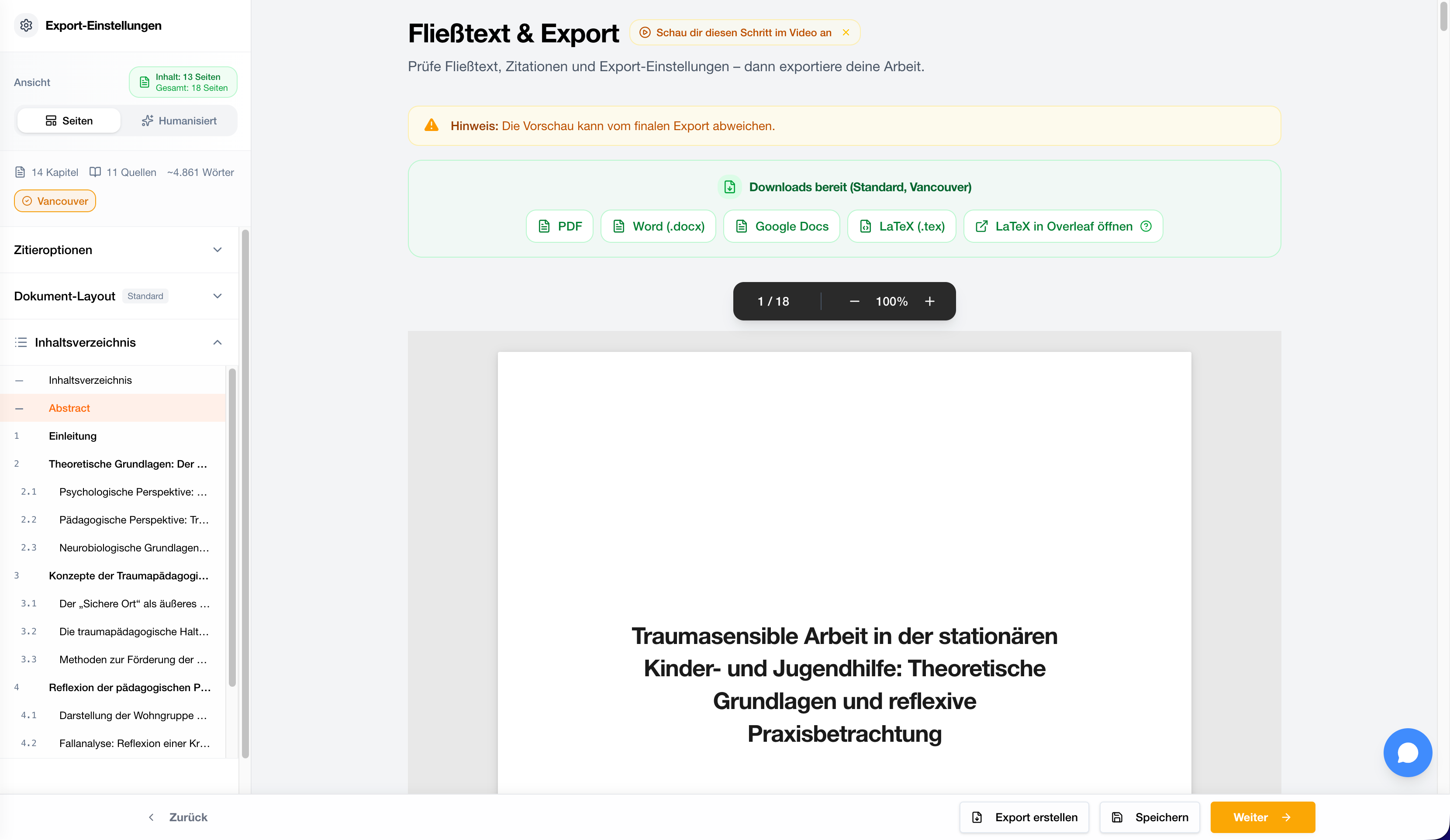 StudyTexter Exportansicht für Fließtext, Literaturverzeichnis und Downloads