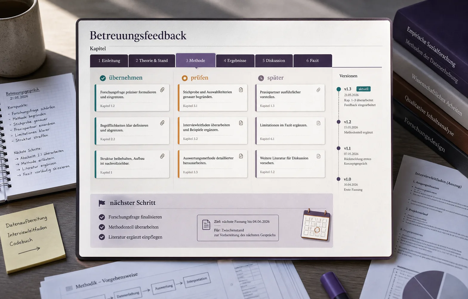 Visualisierung eines Betreuungsfeedback-Boards mit Kapitelbezug, Entscheidungen und nächstem Schritt